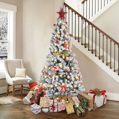 Kunstkerstboom – Kerstboom – Kunstboom – Nepkerstboom – Sierkerstboom – 210 cm Groot – Vooraf Versierd Met Flock – Met Metalen Standaard – Voor Binnen & Buiten