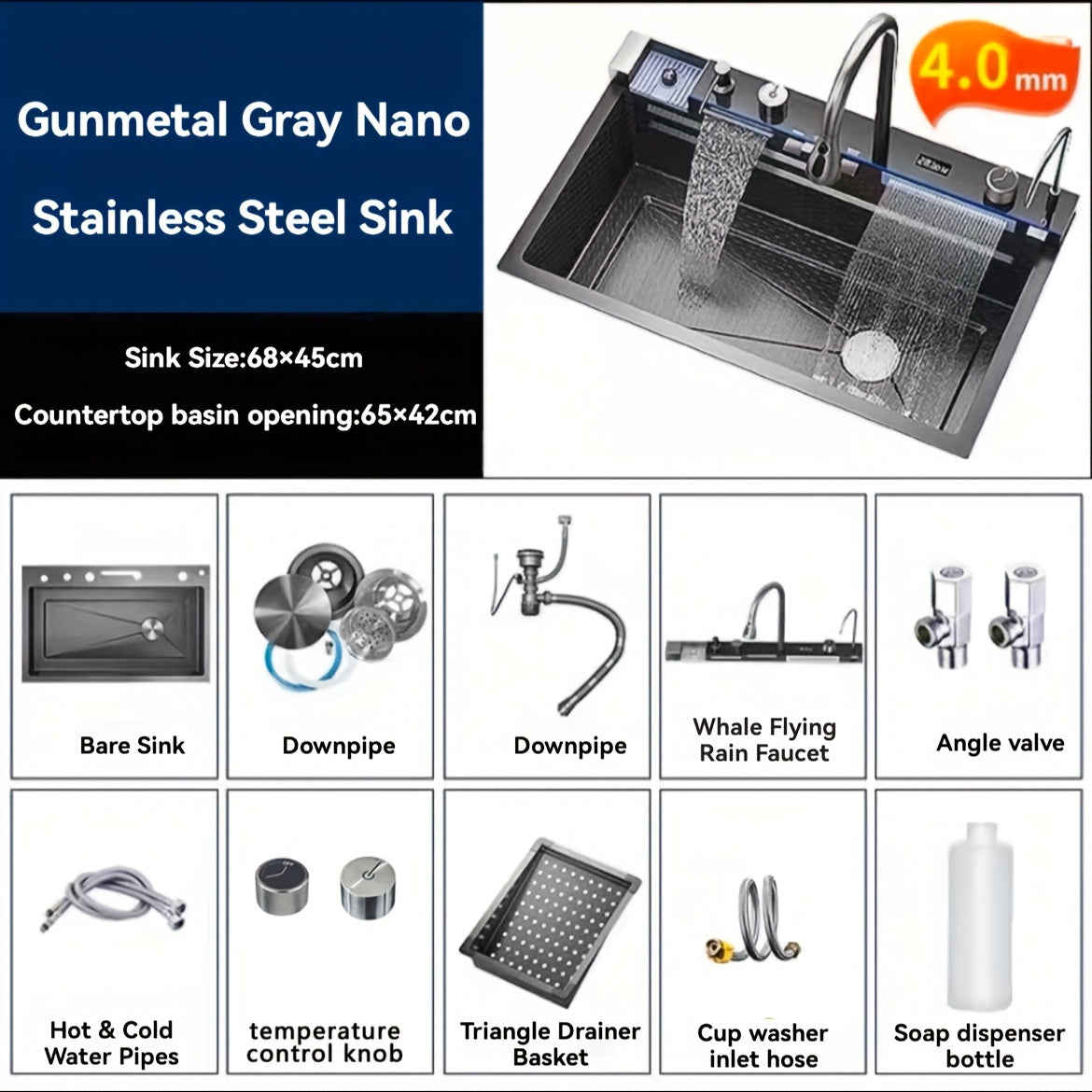 Keukenspoelbak – Spoelbak – Gootsteen – Wasbak – Enkele Kom – Grote Afmeting 68x45x22 cm – RVS Met Nano Coating – Onderbouw Met Rechts Afvoer – Gunmetal Grijs Met Watervalkraan