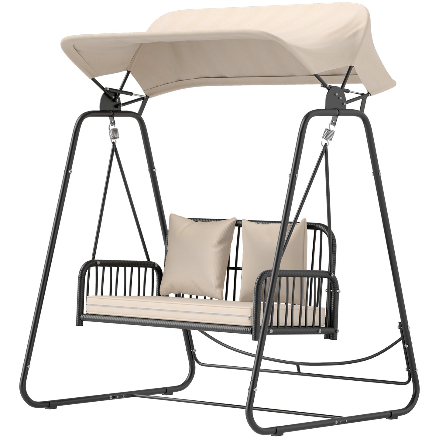 Tuinbank – Buitenbank – Loungebank – Tuinmeubel – Schommelbank – 2-Zits Rattan Hollywood Schommel – Inklapbaar Zonnescherm – Comfortabel Met Kussen – Draagvermogen 240 kg – 149x121x180 cm – Khaki