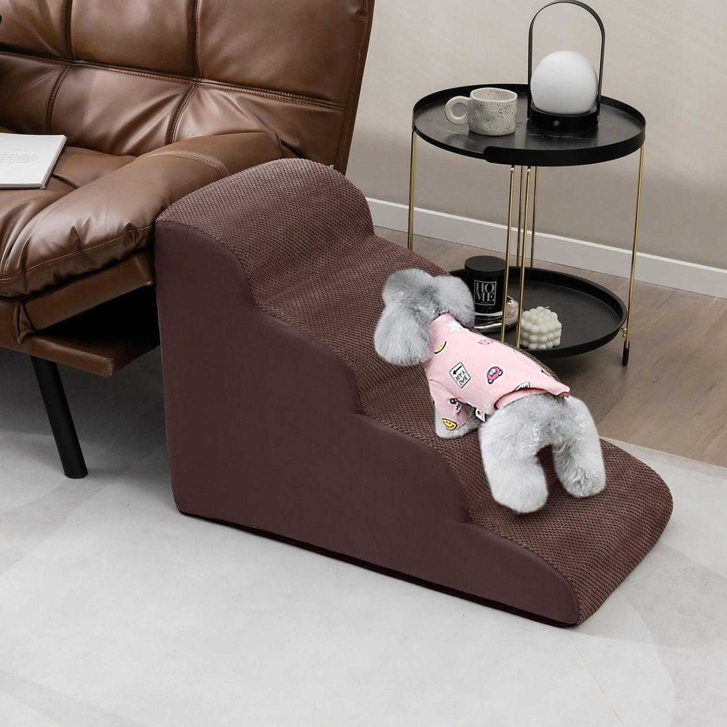 Hondenladder – Hondentrap – Hondenloopplank – Huisdierentrap – Antislip Corduroy Oppervlak – 4 Treden Met Zachte Schuimvulling – Wasbare Hoes – Brede, Diepe Treden – Koffie