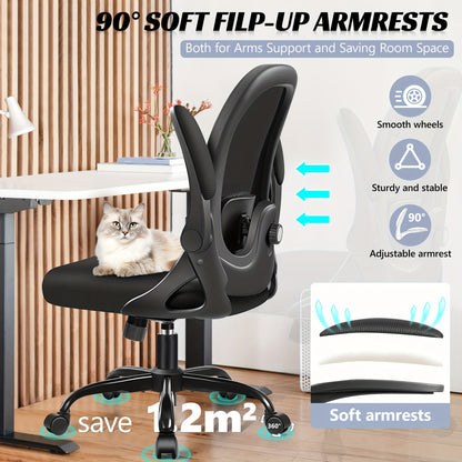 KERDOM Ergonomic Office Chair with Adjustable Height, 3D Lumbar Support & Breathable Mesh Back - Heavy-Duty Metal Frame, 360° Swivel Rolling Desk Chair with Flip-Up Armrests, Space-Saving Mid-Back Computer Chair for Home & O