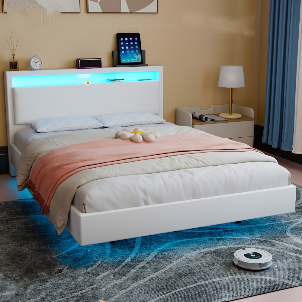 Zwevend Bedframe – Modern Bed – Platformbed – Slaapkamerbed – Gestoffeerd Bed – 140x200 cm – LED-Verlichting – Geluidloze Lattenbodem