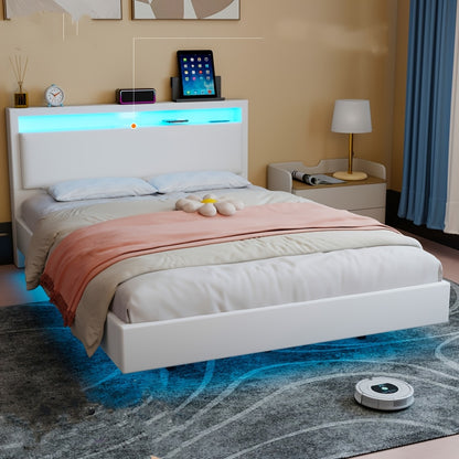 Zwevend Bedframe – Modern Bed – Platformbed – Slaapkamerbed – Gestoffeerd Bed – 140x200 cm – LED-Verlichting – Geluidloze Lattenbodem