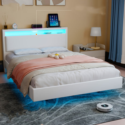 Zwevend Bedframe – Modern Bed – Platformbed – Slaapkamerbed – Gestoffeerd Bed – 140x200 cm – LED-Verlichting – Geluidloze Lattenbodem