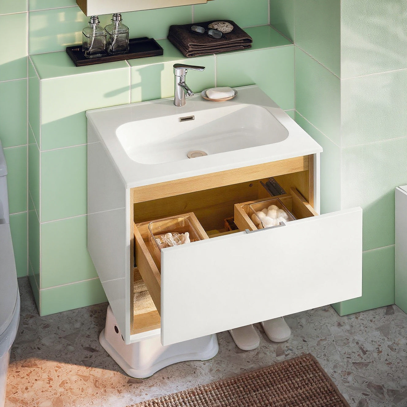 Badkamermeubel – Wandmeubel – Wastafelmeubel – Wastafelonderkast – Badmeubelset – Keramische Wastafel – 61x46x59 cm – Soft-Close Lade