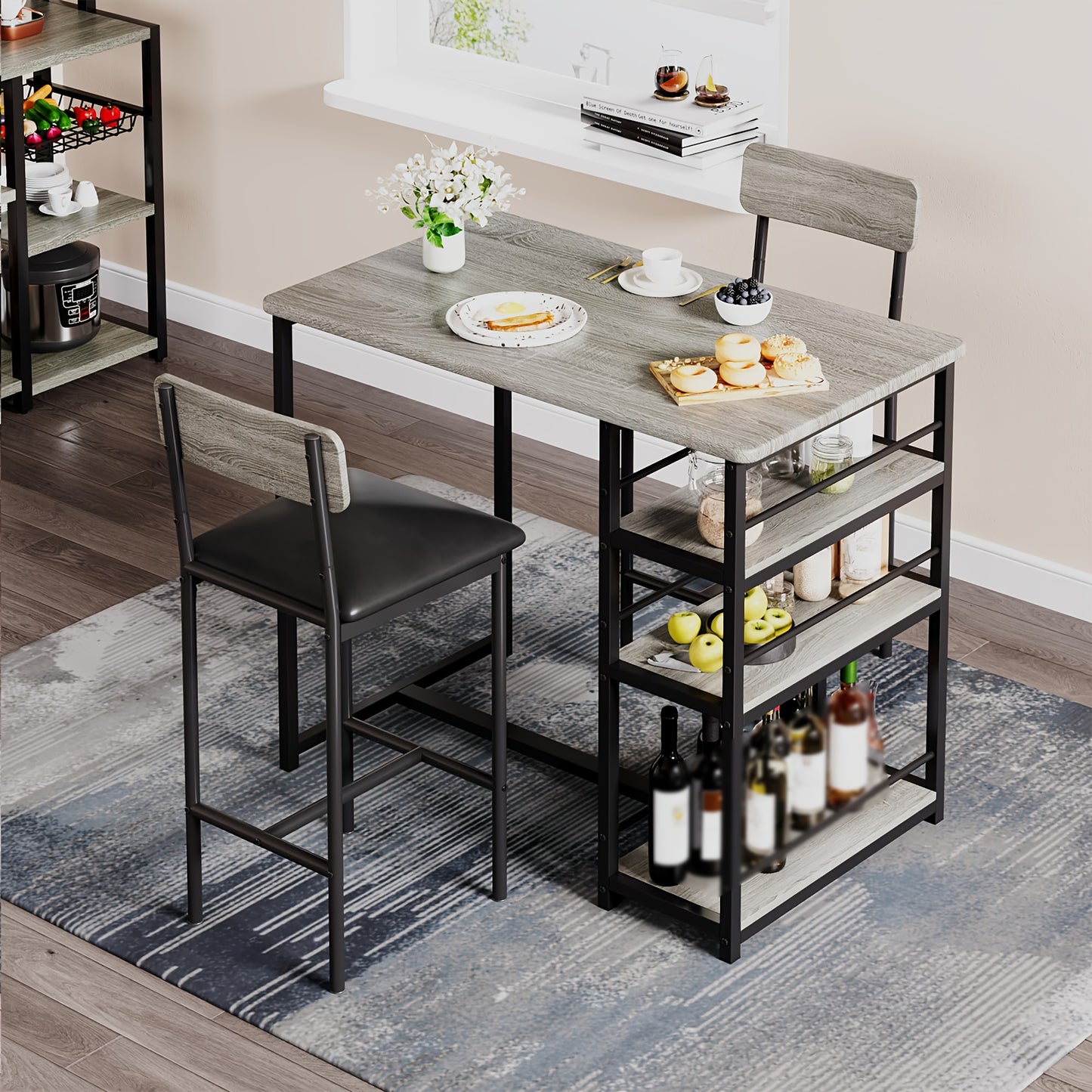Eettafelset – Keukentafelset – Bistroset – Barstoelset – Stoelenset – Compact Ontwerp – Comfortabele Gevoerde Stoelen – Grijs Kunstboard Houten Frame