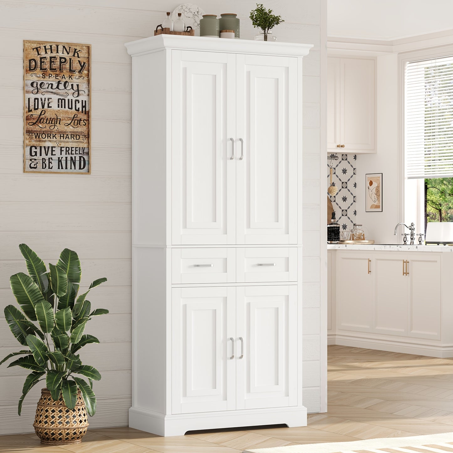 Kast – Opbergkast – Hoge Kast – Keukenkast – Dressoir – Wit – Hout – 69 cm Hoog – Ruime Indeling Met Lade en Deuren