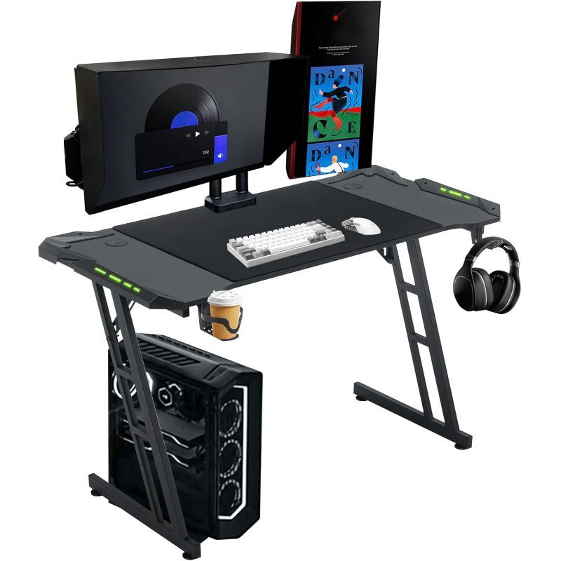 Gaming Tafel – Gaming Bureau – Computertafel – Werktafel – Esstafel – Verstelbare Hoogte – LED-Verlichting – Kabelmanagement – Hoofdtelefoonhouder – Bekerhouder – Carbon Fiber Blad – 120 cm