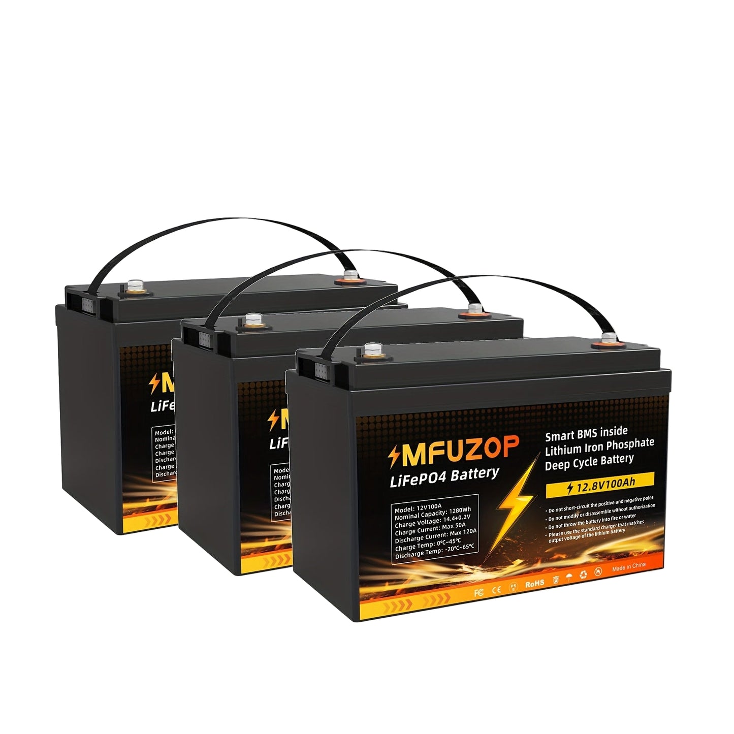 Li-ion Accu – Lithium Accu – Lithium-IJzerfosfaat Batterij – 3 Stuks - LiFePO4 Accu – Oplaadbare Batterij – Onderhoudsvrij – Hoog Capaciteit 12,8V 100Ah – BMS Beveiliging Met Overlading, Kortsluiting & Oververhitting