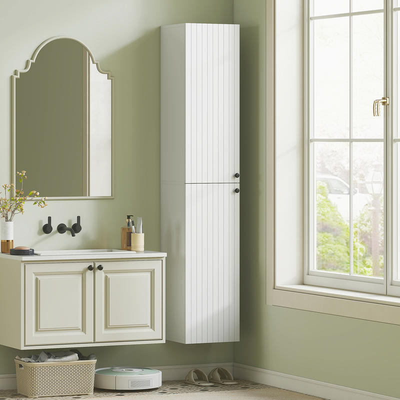 Modern White Wall-Mounted Bathroom Shelf Cabinet with 6 Shelves - Space-Saving MDF Storage Unit, Painted, Easy Installation (No Metal), Independent Design for Bathrooms - Ideal for Towels, Toiletries & Organization