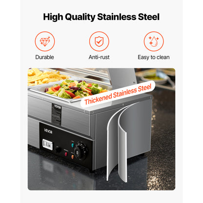 Voedselwarmer – Warmhoudplaat – Buffetwarmer – Bain-Marie – Chafing Dish – 5 Pannen 7,6L – Roestvrij Staal met Glazen Afdekking