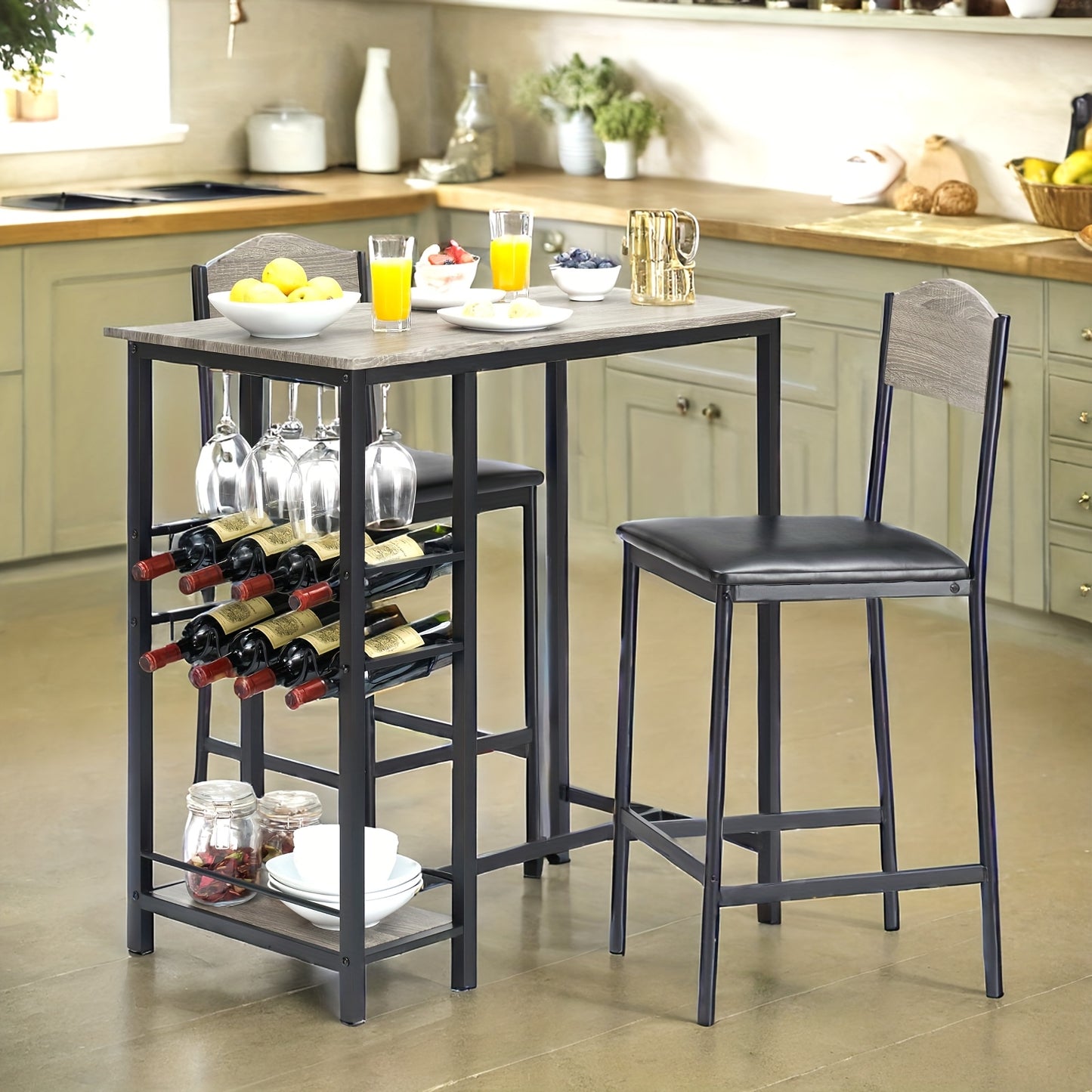 Bar Table Set – Bartafel – Bistroset – Koffietafel – Drinktafel – Industrieel Design – Inclusief 2 Barkrukken – 2-Tier Wijnrek Met Glashouder – Grijs