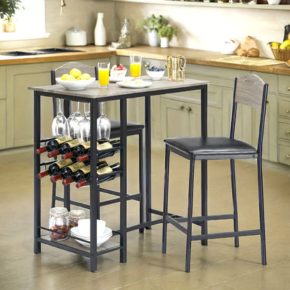 Bar Table Set – Bartafel – Bistroset – Koffietafel – Drinktafel – Industrieel Design – Inclusief 2 Barkrukken – 2-Tier Wijnrek Met Glashouder – Grijs