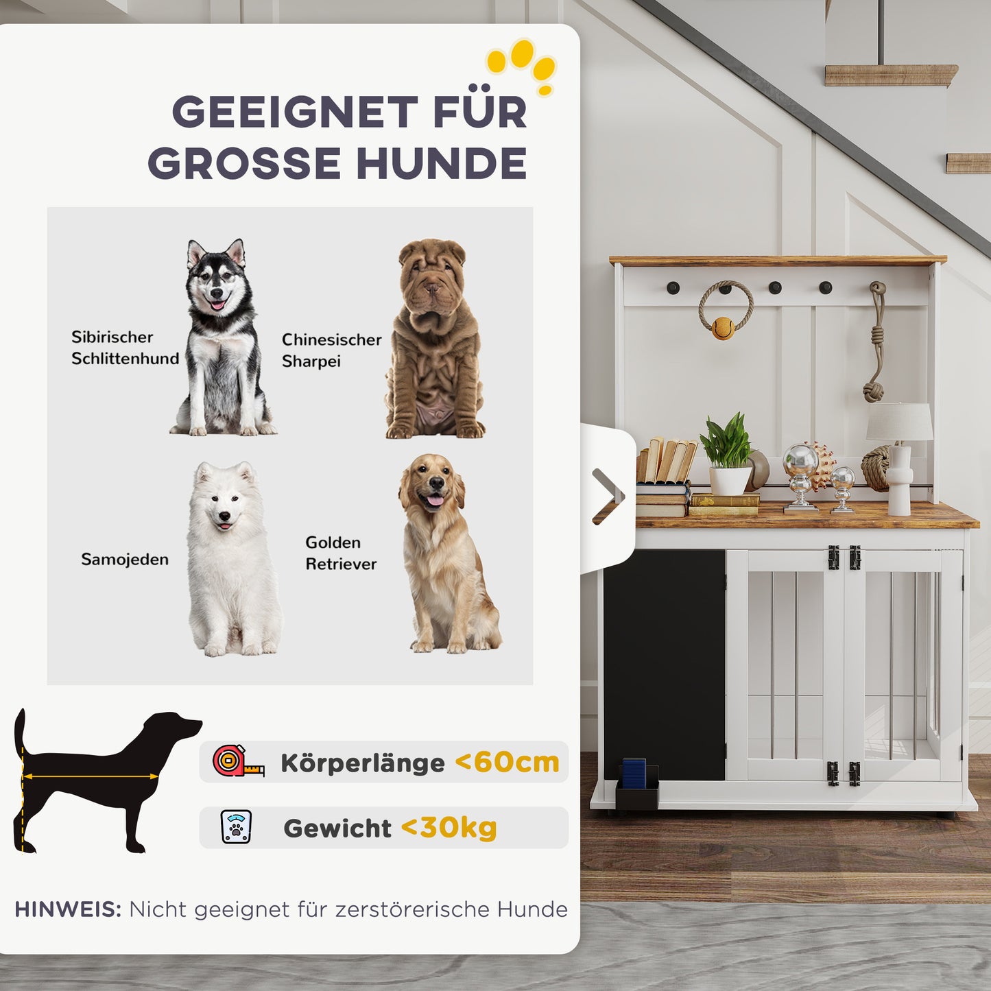 Hondenbench – Hondenkooi – Hondenhok – Doggy Kennel – Hondenren – Grote Hond Tot 30 kg – Opbergplank Met Speelplek – Wit