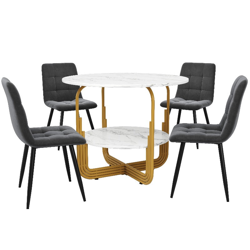 Eettafel Set – Dining Table Set – Tafel En Stoelen – Ronde Eettafel – Tafeltje Met Stoelen – 5-Delig – MDF Marmeren Blad – Gouden Metalen Poten