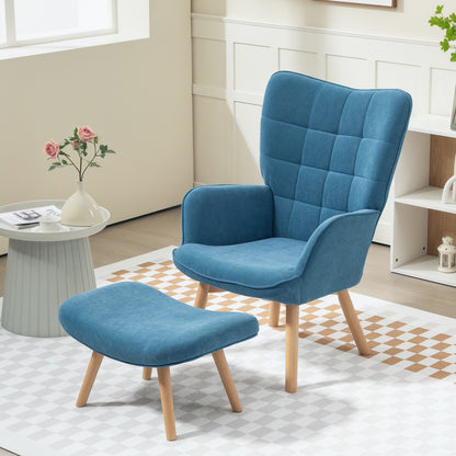 Fauteuil – Relaxstoel – Accentstoel – Armstoel – Clubstoel – Blauw – Met Voetenbank – Zachte Corduroy Stof – Stevige Houten Poot