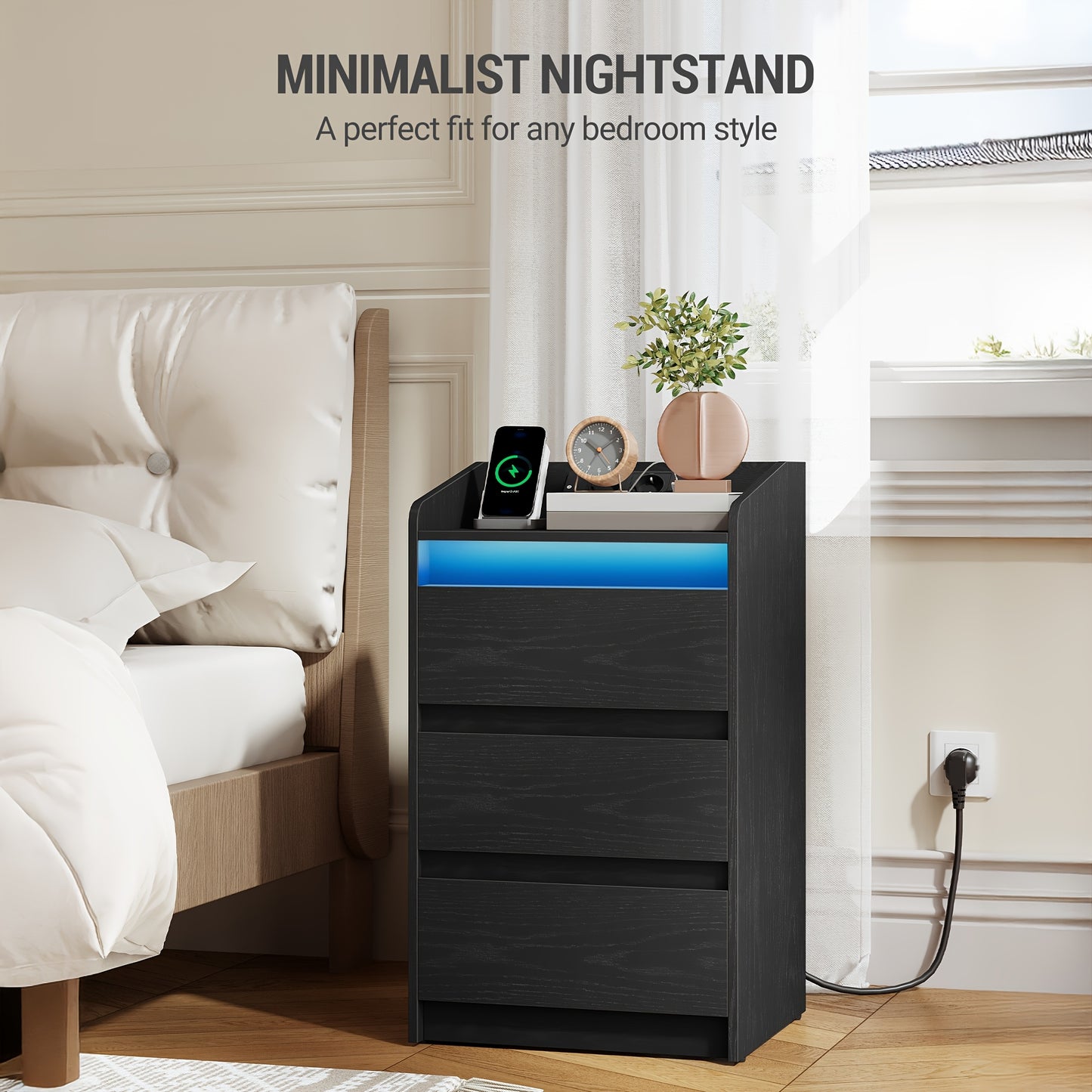 Chest Of Drawers Set Of 2 with 3 Drawers, Side Table with Charging Station And LED, 2 AC Outlets And 2 USB Ports, Bedroom Storage, Storage for Books, And Miscellaneous Items In The Living Room And Bedroom, Organization And St - QUORE