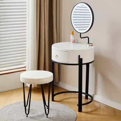 Make-up Vanity – Make-uptafel – Schminktisch – Make-up Bureau – Make-up Meubel – Wit – Rond Design – Sintered Stone Blad – Inclusief Kruk en Spiegel