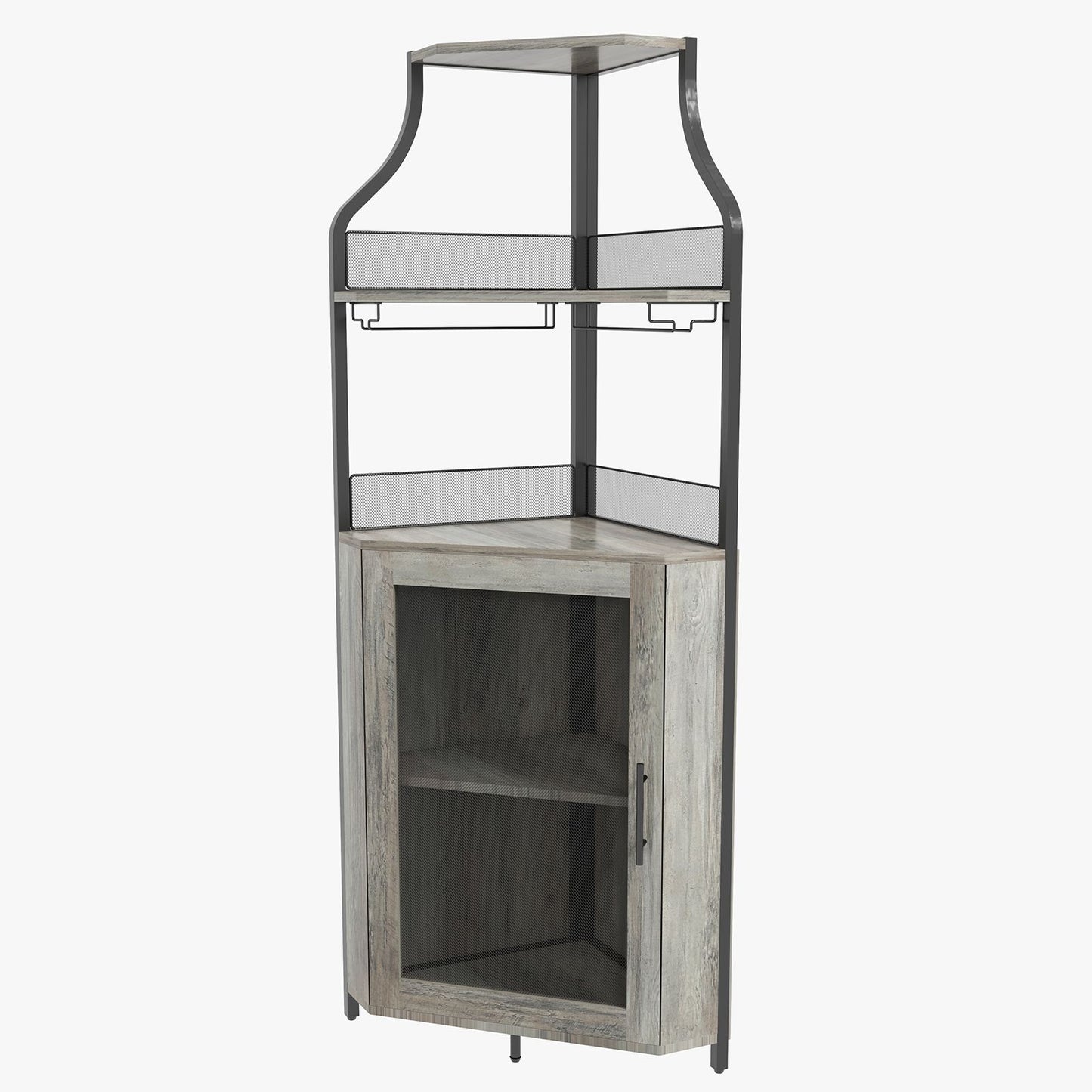 Modern Wine & Liquor Corner Bar Cabinet with Glass Rack - -Standing Storage Cabinet Suitable for Living Room, Dining Room - Wine Shelf with Mesh Door & Assembly Required
