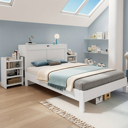 Bedframe – Tweepersoonsbed – Slaapbank – Kinderbed – Meubel – Wit – Bamboe Materiaal – Hoofdeinde Met Opbergruimte
