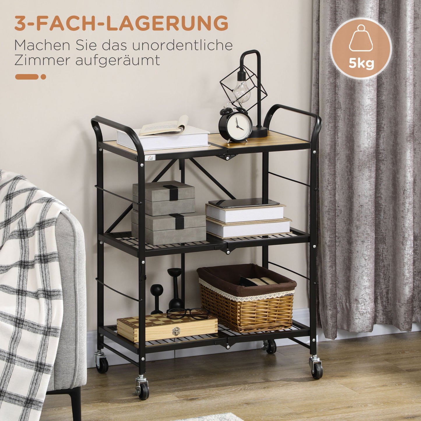 Keukentrolley – Serveerwagen – Opbergtrolley – Werktafel – Mobiele Keukenkar – Industrieel Design – 3 Ruime Planken – Inklapbaar Met 4 Draaibare Wieltjes – Bruin/Zwart