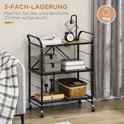 Keukentrolley – Serveerwagen – Opbergtrolley – Werktafel – Mobiele Keukenkar – Industrieel Design – 3 Ruime Planken – Inklapbaar Met 4 Draaibare Wieltjes – Bruin/Zwart