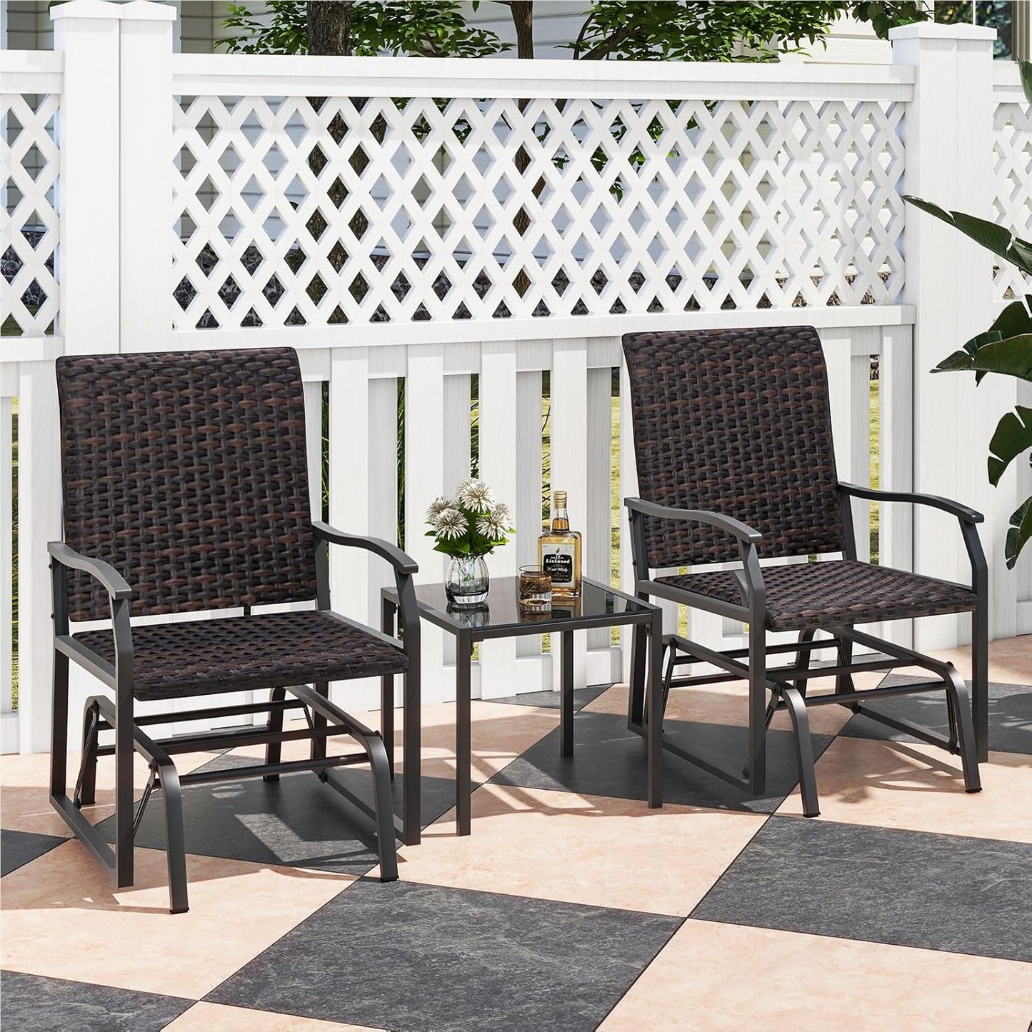 3-Delige Balkonset – Rattan Balkonmeubel – Tuinmeubelen – Terras Set – Buitenmeubilair – Gevlochten Rattan – Comfortabele Gevoerde Stoelen – Tempered Glas Tafel