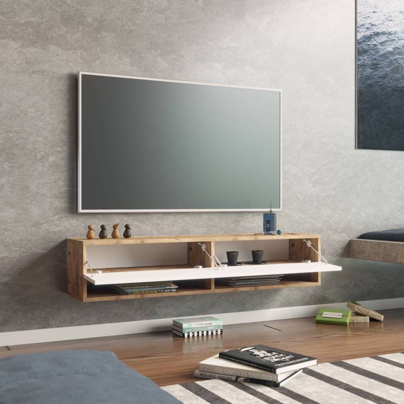tv-meubel – tv-kast – lowboard – zwevend meubel – hangend tv-meubel – rustiek eiken – met 2 open vakken – MDF melamine coating