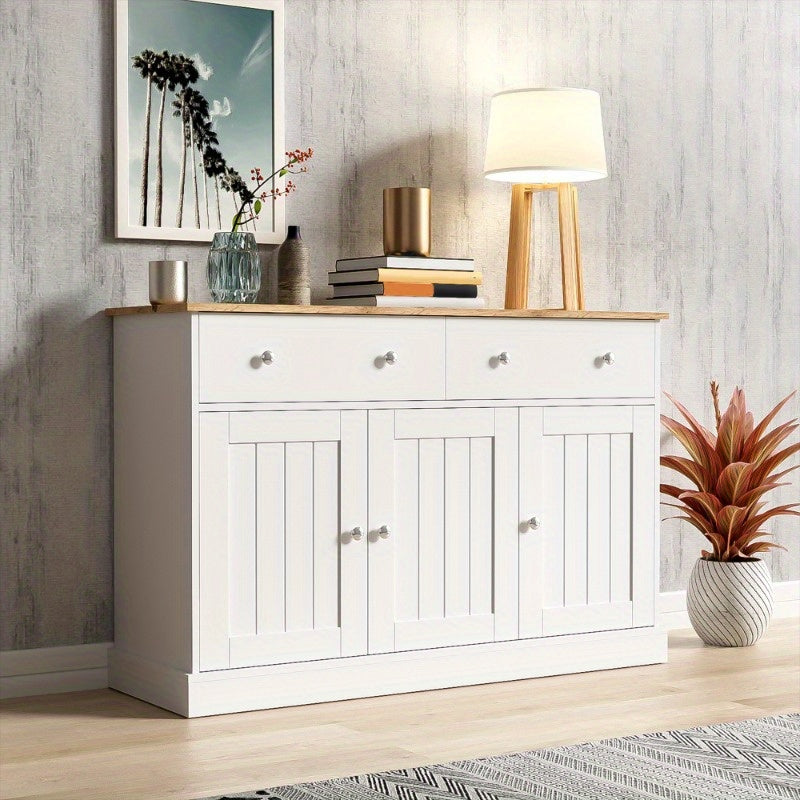 Modern Sideboard Cabinet with Engraved Texture - Large Storage Organizer, 3 Drawers & 2 Doors, Entryway Living Room Furniture, White Finish & Natural Wood Accents