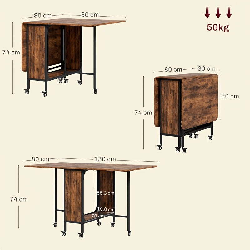 Expandable & Folding Table for 6 People with 2 Open Shelves - Portable Space-Saving Dining Table Suitable for Small Homes, Kitchens, Apartments - Heavy-Duty Wood Retro Brown/Black, Expandable Assembly