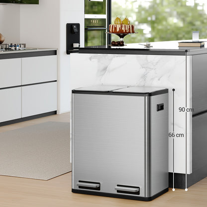Prullenbak – Afvalbak – Vuilnisbak – Afvalemmer – Pedaalemmer – RVS en Kunststof – 60 Liter Dubbele Compartimenten – Softclose en Pedaalbediening