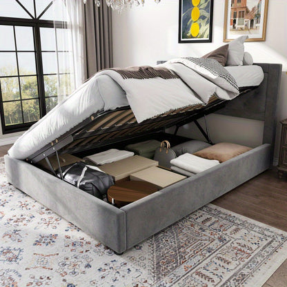 Tweepersoonsbed Chesterfield – Bed – Slaapbank – Logeerbed – Opbergbed – Grijs Velvet – Stalen Frame – Foam Hoofdbord – Opbergruimte Met Lifthendels 140x200 cm
