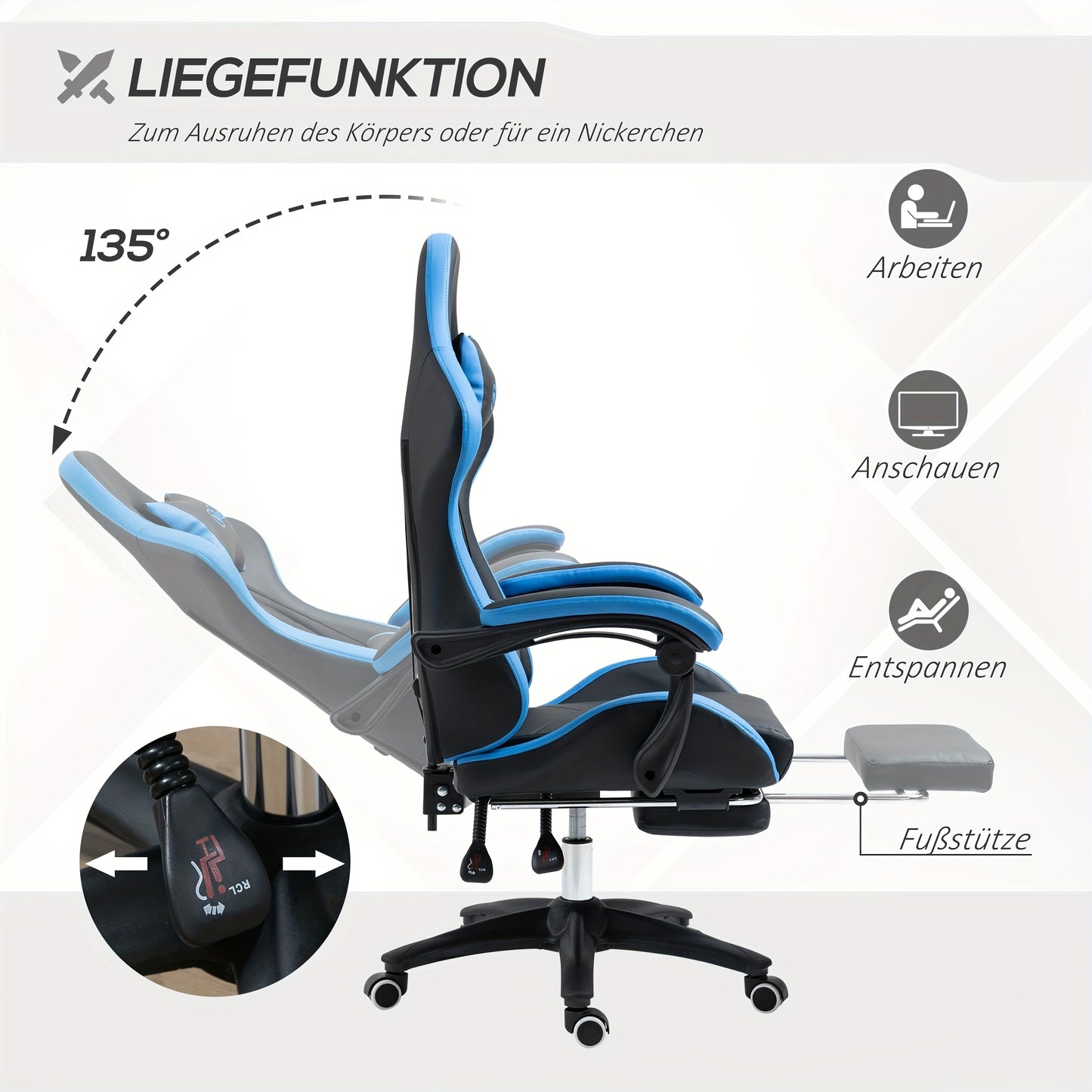 Gamingstoel – Gamestoel – Gaming Chair – Bureaustoel – Game Stoel – Verstelbare Hoogte – Inklapbare Voetsteun – Zwart/Wit – 360° Draaibaar – Ergonomische Rug- en Nekkussen