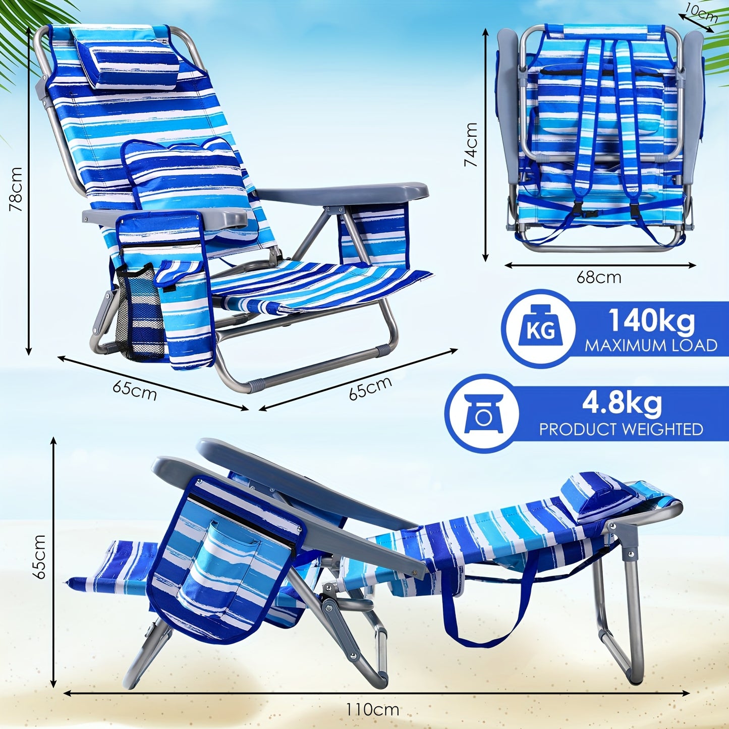 Strandstoel – Campingstoel – Vouwstoel – Ligstoel – Opvouwbare Strandstoel – Verstelbare Rugleuning 4 Standen – Aluminium Frame 140kg Draagvermogen