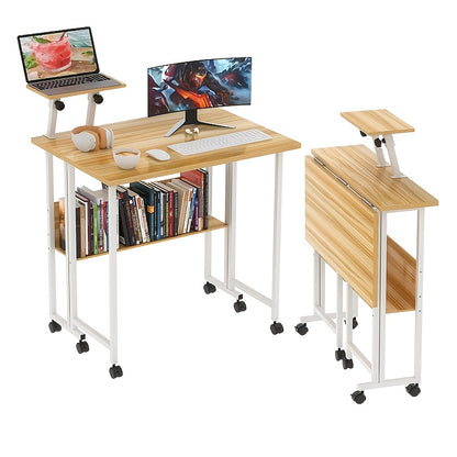 Space-Saving Rolling Folding Desk with Storage Shelf - Ergonomic Adjustable Height Computer Table, Wheels for Easy Mobility, Sturdy Metal Frame & Wooden Top, Ideal for Home Office & Bedroom, 58x80x75cm, Desk Mat