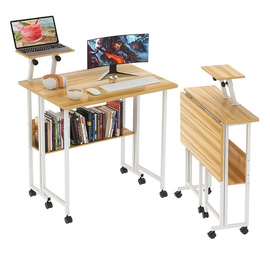 Space-Saving Rolling Folding Desk with Storage Shelf - Ergonomic Adjustable Height Computer Table, Wheels for Easy Mobility, Sturdy Metal Frame & Wooden Top, Ideal for Home Office & Bedroom, 58x80x75cm, Desk Mat
