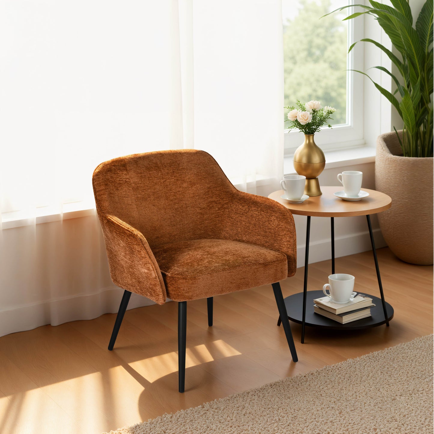 Fauteuil – Zetel – Lounge Chair – Relaxstoel – Armstoel – Caramel Chenillestof – 10 cm Dikke Schuimlaag – Metalen Kruispoot Frame – Compacte Afmetingen 65,5x65x81,5 cm
