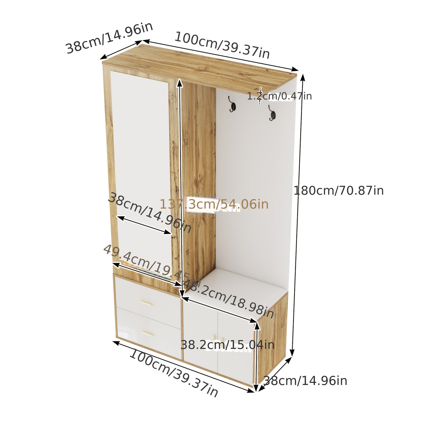 Kledingkast – Kledingkasten – Garderobekast – Opbergkast – Schoenenkast – Compleet Set Wit Houtkleur – Spiegel Inclusief – Uitschuifbare Kledingrail