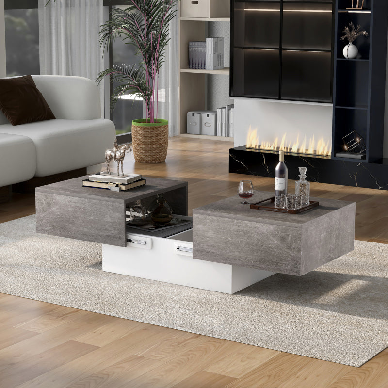 Retro Extendable Coffee Table Suitable for Living Room with Retractable Table & Storage Drawers/Cabinets - Self-Assembling Modern Center Table, Space-Saving Design, Height Compatible for Sofa, Durable Study (No Wood)