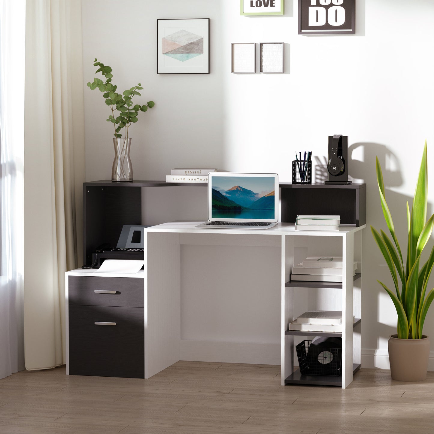 Computertafel – Bureau – Werkplektafel – Study Desk – Home Office Desk – Met 3 Zijvakken en 2 Laden – Compact En Stevig MDF Hout – Wit/Zwart