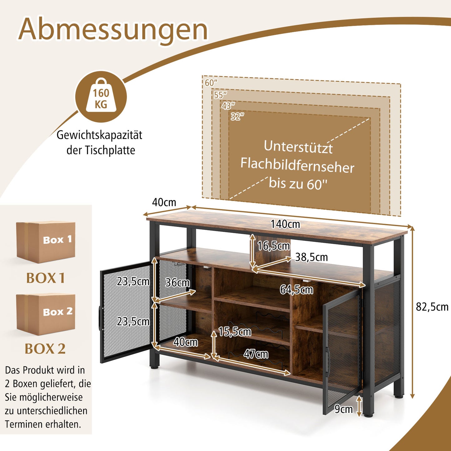 Buffetkast – Dressoir – Opbergkast – Keukenkast – Wijnkast – Berkenhout en Zwart Metaal – Flessenrek voor 8 Flessen en Wijnglashouder