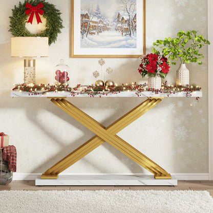 Sidetable – Consoletafel – Wandtafel – Haltafel – Bijzettafel – Smal Rechthoekig Ontwerp – Faux Marmeren Gouden Blad – Robuust Massief Houten Frame