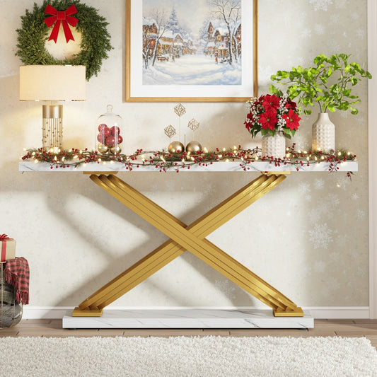 Sidetable – Consoletafel – Wandtafel – Haltafel – Bijzettafel – Smal Rechthoekig Ontwerp – Faux Marmeren Gouden Blad – Robuust Massief Houten Frame