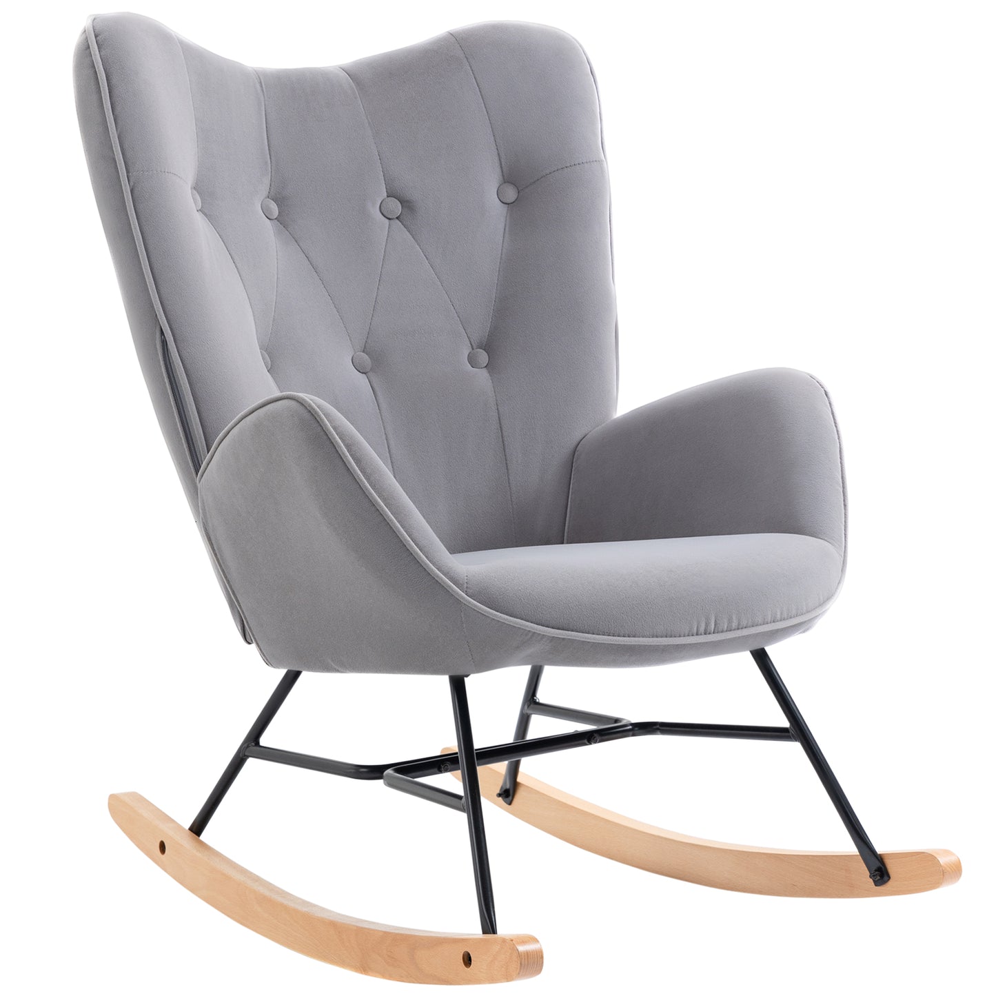 Schommelstoel – Relaxstoel – Schommelstoel Met Bekleding – Lounge Stoel – Rocking Chair – Velvet Bekleding – Houten Schommelbasis – Ergonomisch Design – Draagvermogen 150 Kg – Lichtgrijs