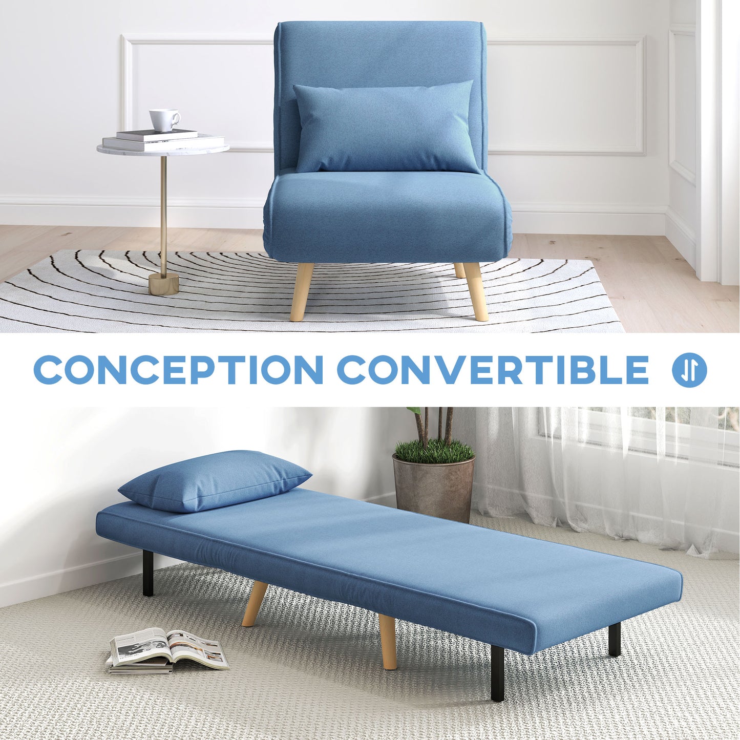 3-in-1 Fauteuil – Slaapstoel – Relaxstoel – Zetel – Loungestoel – Verstelbare Rugleuning 5 standen – Ademend Linnenstof Blauw