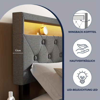 Gestoffeerd Tweepersoonsbed 140x200 cm met Opbergruimte – LED Hoofdeinde, Ottoman Hydraulisch Bedframe met Lattenbodem – Grijs, Modern en Ruimtebesparend (Exclusief Matras)