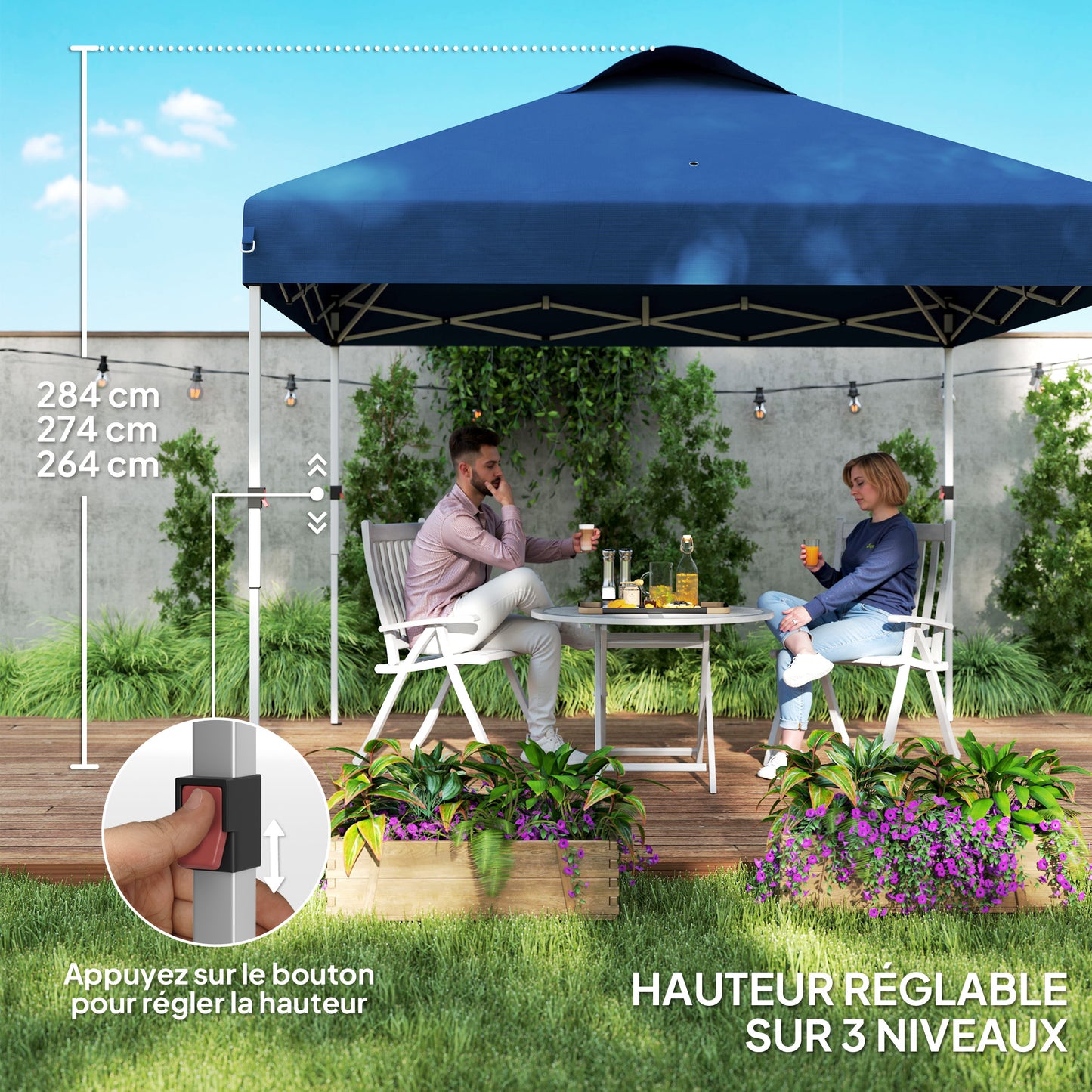 Partytent – Tuinpaviljoen – Easy-up Tent – Opvouwbare Feesttent – Tuintent – Verstelbare Hoogte – Waterdicht Oxford Stof – Draagtas Met Wieltjes – Donkerblauw