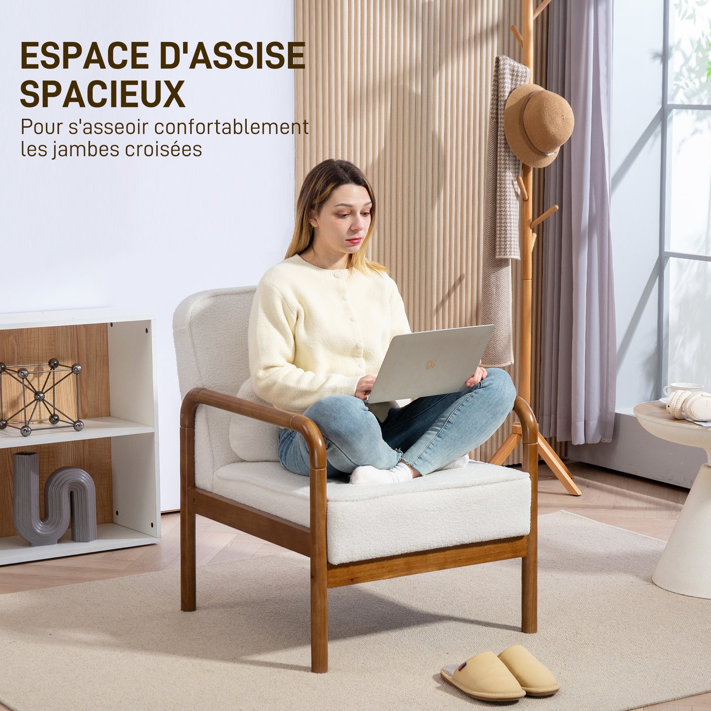 HOMCOM Living Room Fabric Bouclé Armchair, Modern Relaxation Chair with And Hevea Wood Frame, Armchair for Bedroom, Living Room, Dining Room, White