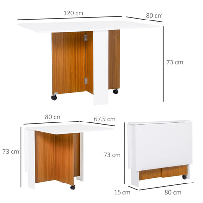 Uitklaptafel – Klaptafel – Inklapbare Tafel – Vouwtafel – Eettafel – Mobiel met Wielen – Uitschuifbaar 120x80x73 cm – Modern Teak en Wit Design