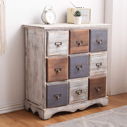 Commode – Ladekast – Dressoir – Opbergkast – Kast – 9 Lades – Lichtgewicht Paulownia Hout – Shabby Chic Design – 63x60x23 cm